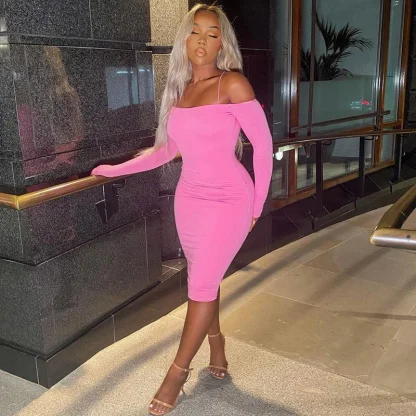 Off-shoulder Bodycon Midi Pink Dresses - Image 2