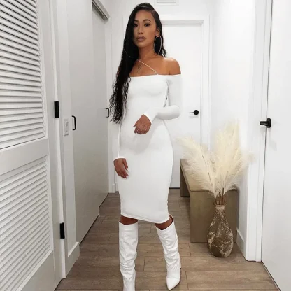 Off-shoulder Bodycon Midi Pink Dresses - Image 3