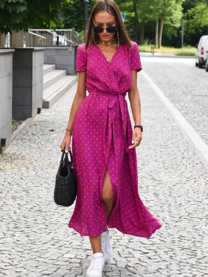 Floral Wrap Midi Pink Dresses - Image 4