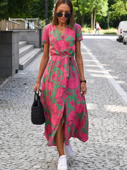 Floral Wrap Midi Pink Dresses - Image 5