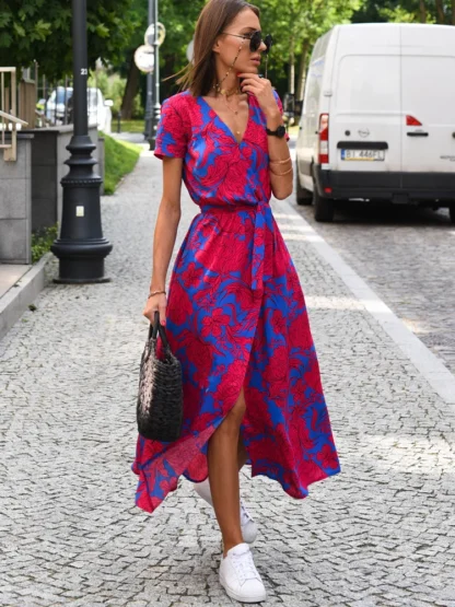 Floral Wrap Midi Pink Dresses - Image 3