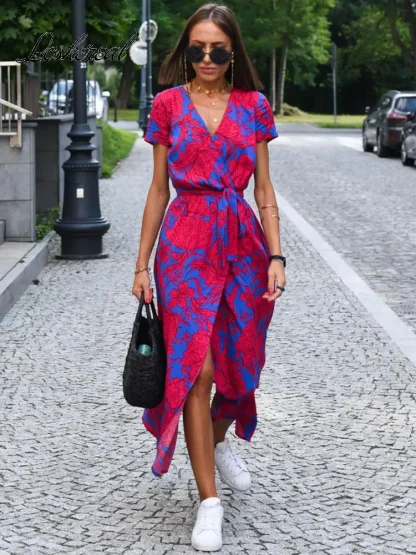 Floral Wrap Midi Pink Dresses