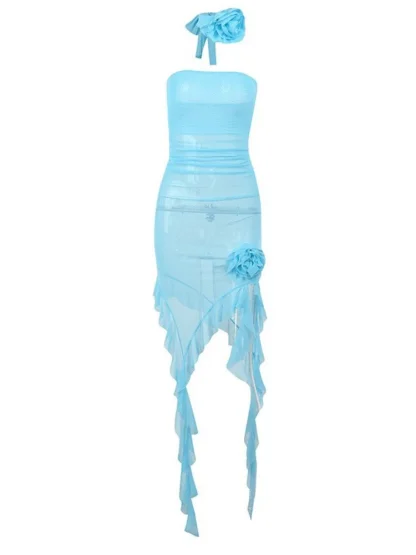 Strapless Irregular Ruffle Hem Pink Dress - Image 5