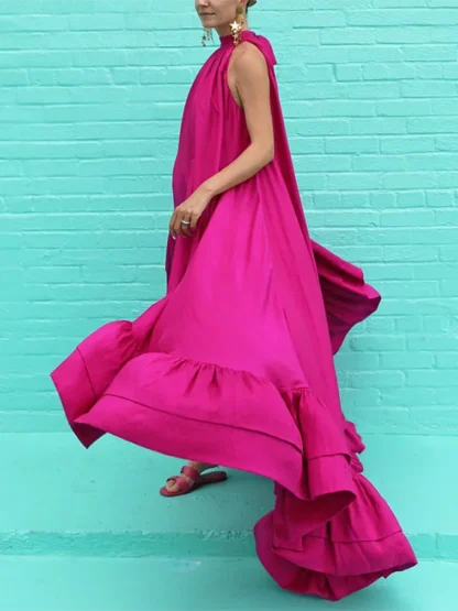 Flowy Ruffled Halter Pink Dress - Image 3