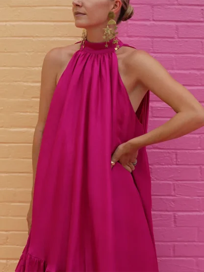Flowy Ruffled Halter Pink Dress - Image 4