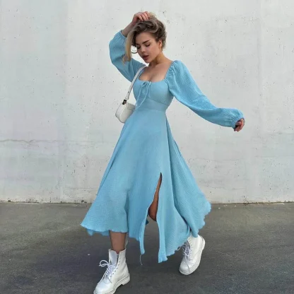 Puff Long Sleeve Slit Pink Dresses - Image 5