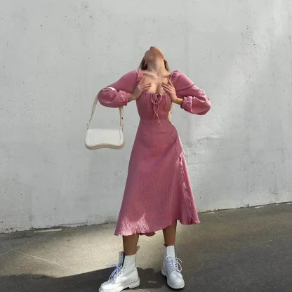 Puff Long Sleeve Slit Pink Dresses - Image 2