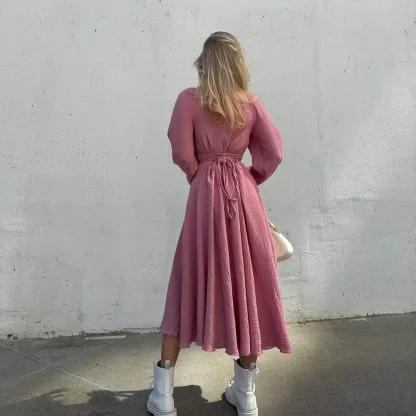 Puff Long Sleeve Slit Pink Dresses - Image 3