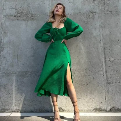 Puff Long Sleeve Slit Pink Dresses - Image 6