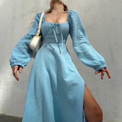 Puff Long Sleeve Slit Pink Dresses - Image 4