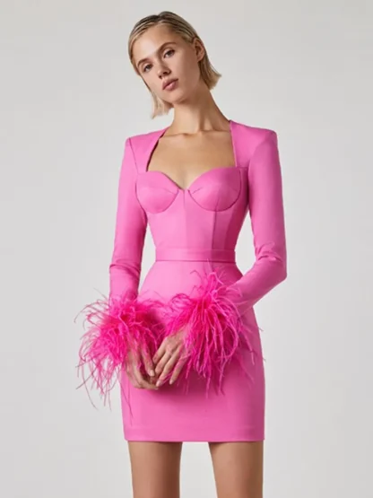 Faux Feather Cuff Pink Dress - Image 3