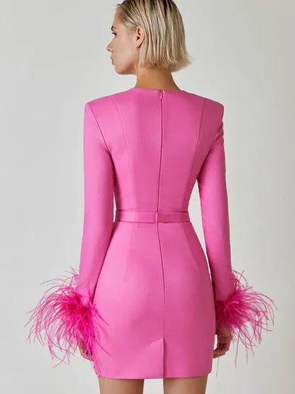 Faux Feather Cuff Pink Dress - Image 4