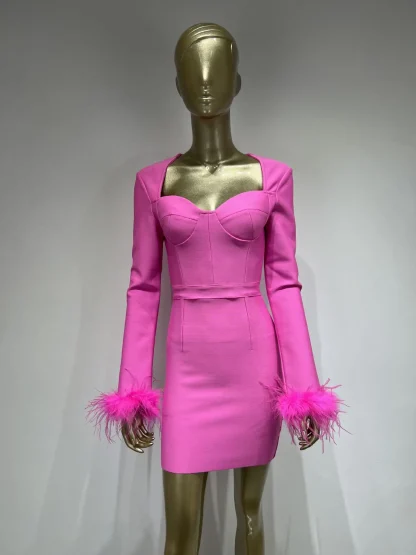 Faux Feather Cuff Pink Dress - Image 6