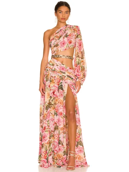 Sexy One-shoulder Floral Pink Dress