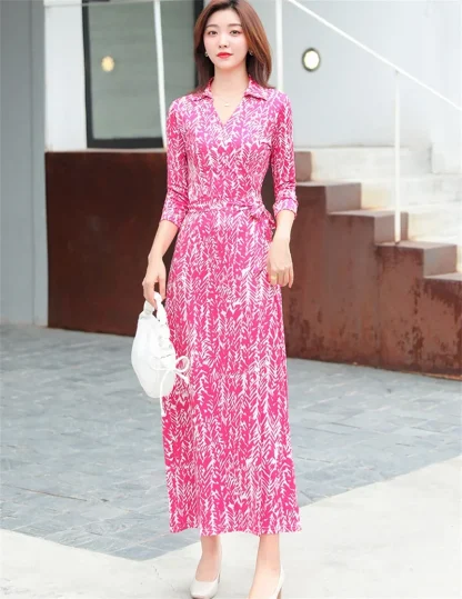 V-neck Long Wrap Pink Dress - Image 2