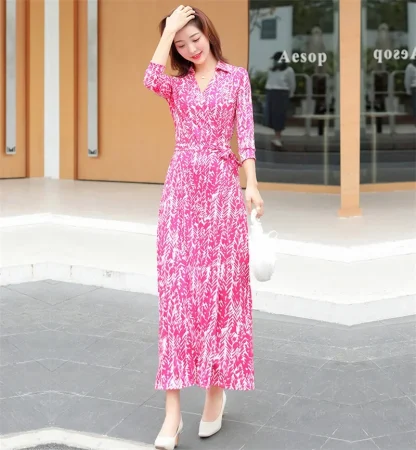 V-neck Long Wrap Pink Dress - Image 3