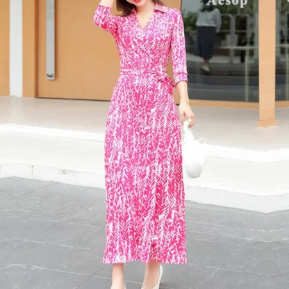 V-neck Long Wrap Pink Dress