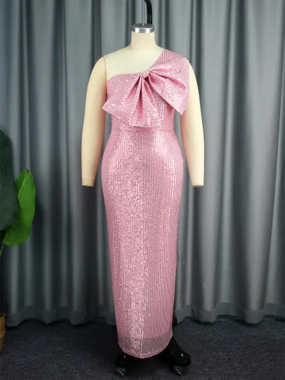 One-shoulder Bow Sequins Pink Dress - Image 3