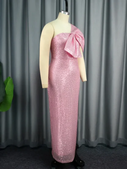 One-shoulder Bow Sequins Pink Dress - Image 4