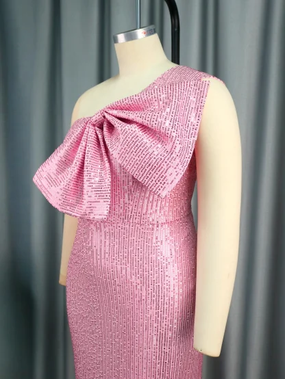 One-shoulder Bow Sequins Pink Dress - Image 5