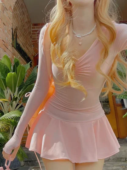Cute Long Sleeve Pink Dress - Image 3