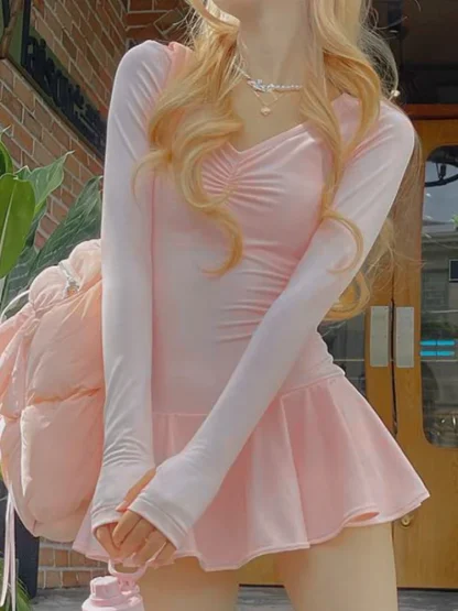 Cute Long Sleeve Pink Dress - Image 5