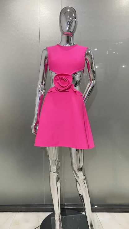 Waist Cutout 3D Flower Pink Dress - Image 3
