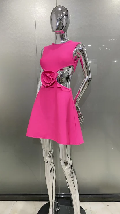 Waist Cutout 3D Flower Pink Dress - Image 4