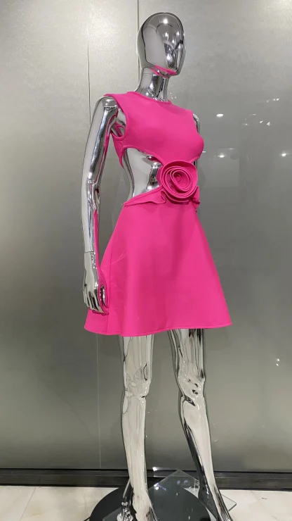Waist Cutout 3D Flower Pink Dress - Image 5