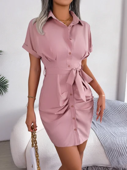 Button Down Collar Pink Dresses - Image 3