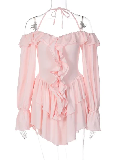 Elegant Ruffled Halter Pink Dress - Image 4