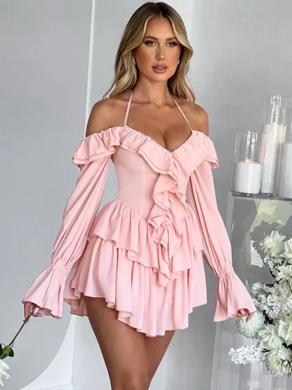 Elegant Ruffled Halter Pink Dress - Image 2