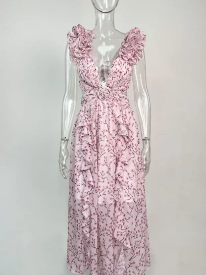 Plunge Neck Floral Pink Dress - Image 6