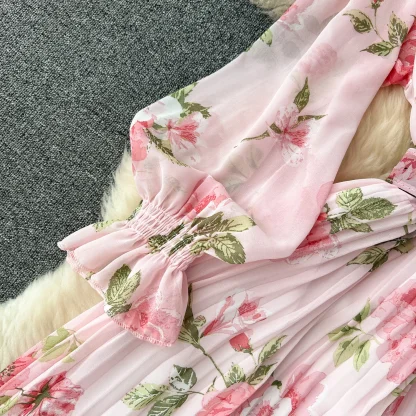 Floral Pleated Long Pink Dresses - Image 7