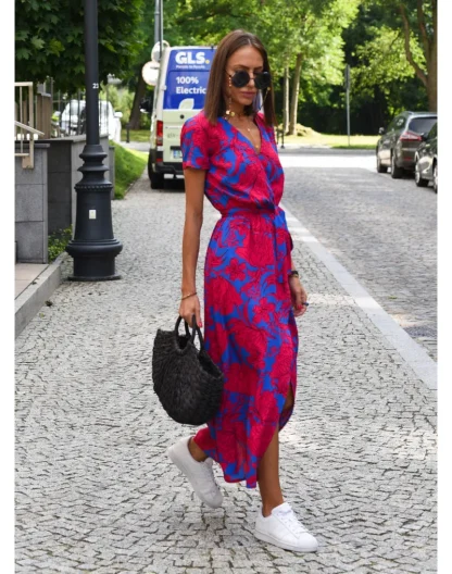 Floral Wrap Midi Pink Dresses - Image 2