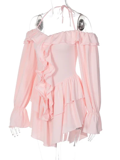 Elegant Ruffled Halter Pink Dress - Image 5