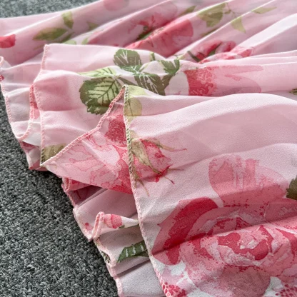 Floral Pleated Long Pink Dresses - Image 5