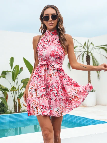 Halter Waist Tie Floral Pink Dresses