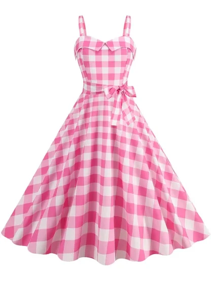 Plaid Sleeveless A-line Pink Dresses