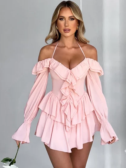 Elegant Ruffled Halter Pink Dress - Image 3