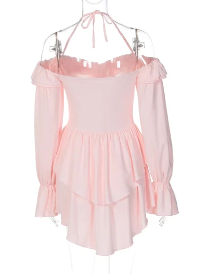 Elegant Ruffled Halter Pink Dress - Image 6