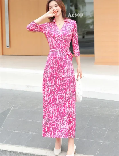 V-neck Long Wrap Pink Dress - Image 4