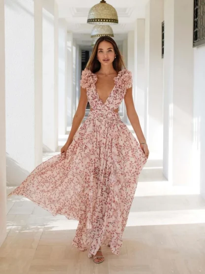 Plunge Neck Floral Pink Dress - Image 2