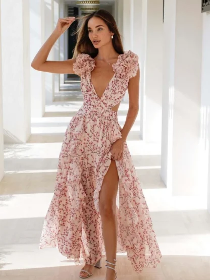 Plunge Neck Floral Pink Dress