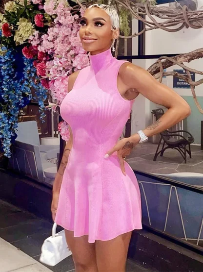 Sleeveless Turtleneck Mini Pink Dress - Image 3