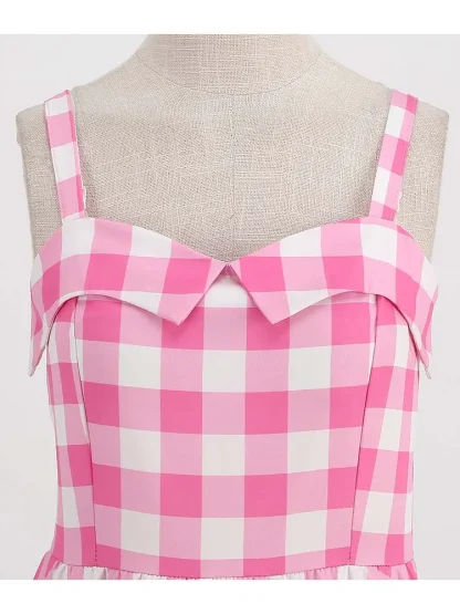 Plaid Sleeveless A-line Pink Dresses - Image 4