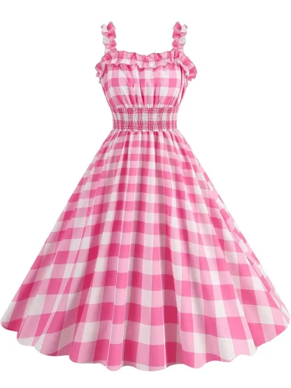 Plaid Sleeveless A-line Pink Dresses - Image 3