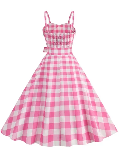 Plaid Sleeveless A-line Pink Dresses - Image 2
