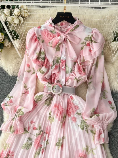 Floral Pleated Long Pink Dresses - Image 2