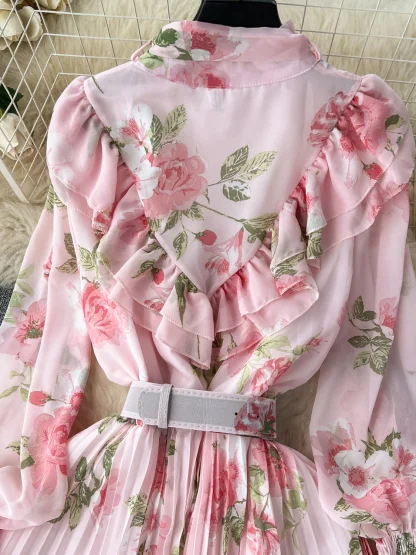 Floral Pleated Long Pink Dresses - Image 3